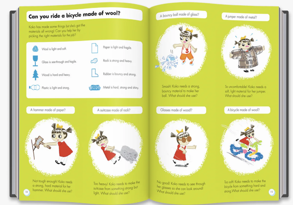 OKIDO How Things Work book inside spread - can you ride a bicycle made of wool?