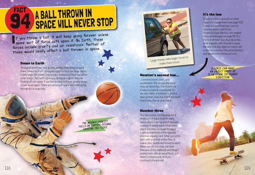 Space Is Awesome! book inside spread: A ball thrown in space will never stop