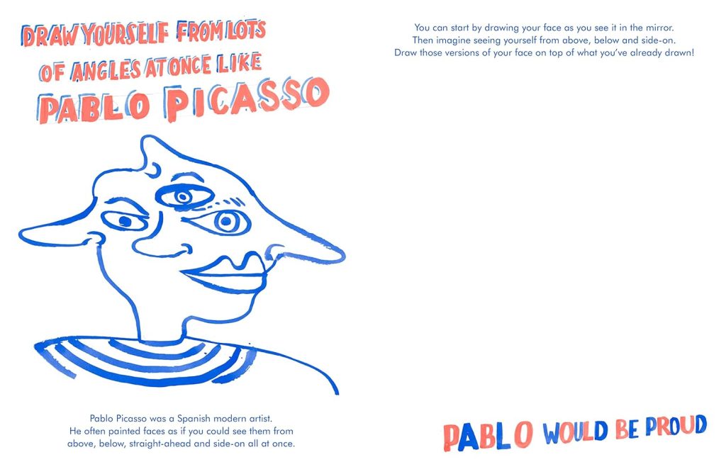 Art Makes People Powerful book inside spread - Draw yourself from lots of angles like Pablo Picasso