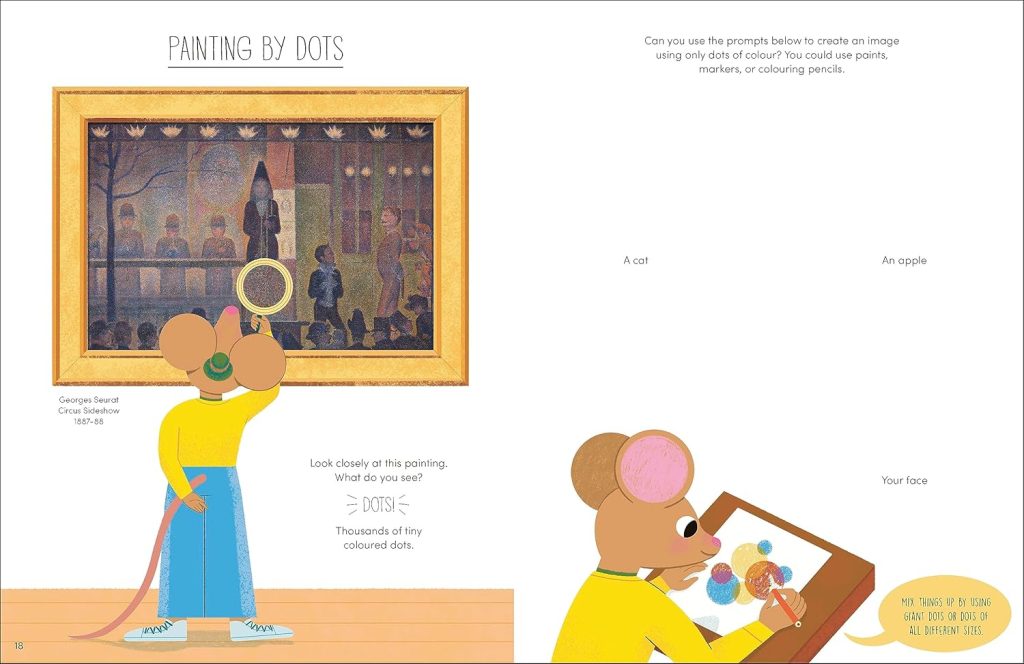 Art Sparks book inside spread - Georges Seurat-inspired painting with dots activity