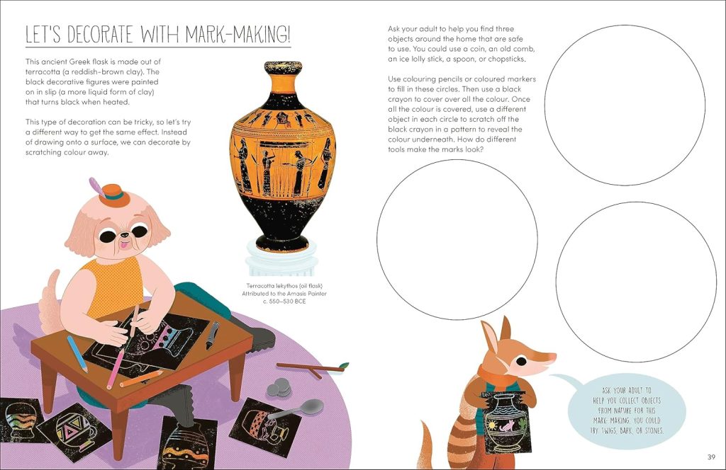 Art Sparks book inside spread - mark-making activity inspired by ancient Greek pottery
