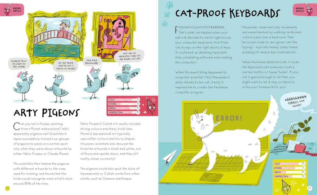 Farting Fish book inside spread - arty pigeons and cat-proof keyboard