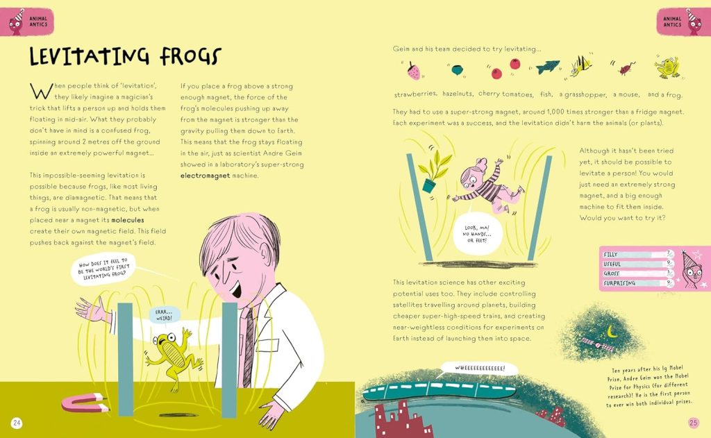 Farting Fish book inside spread – levitating frogs