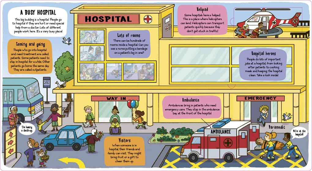 Little Explorers: Hospital book inside spread - A busy hospital