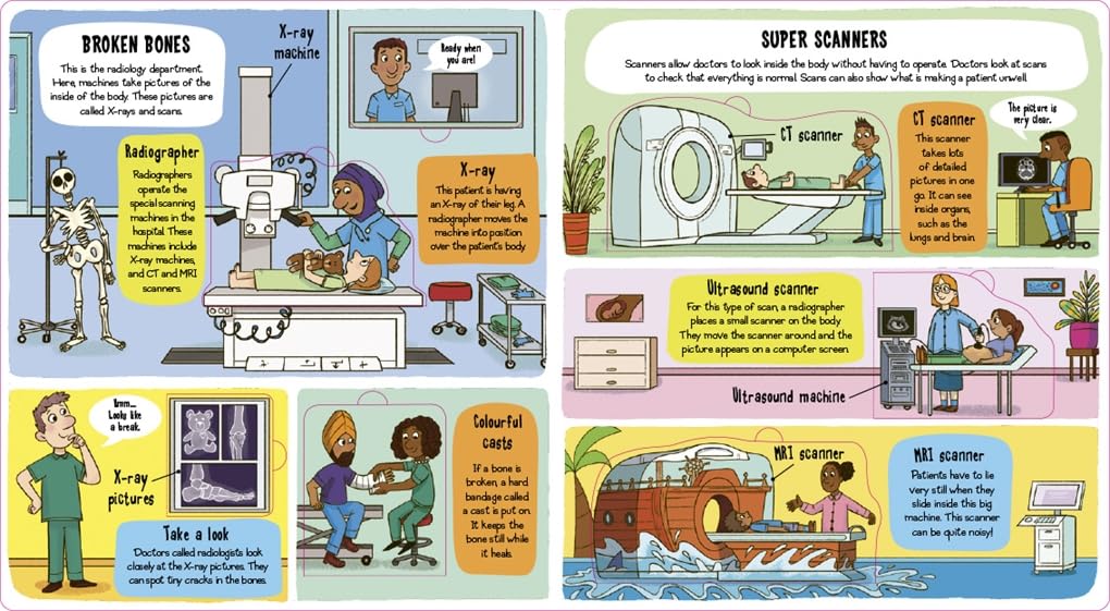 Little Explorers: Hospital book inside spread - Broken bones and super scanners