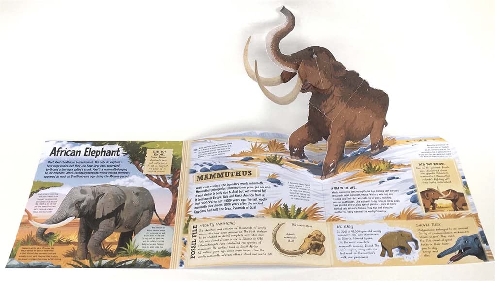 Prehistoric Beasts book inside spread – African elephant and mammoth